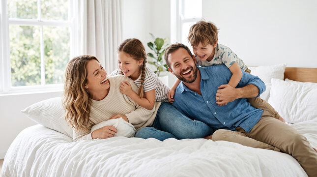 Joyful parents and kids laughing together on a comfortable bed perfect for happy childhood memories and strong family relationship concepts