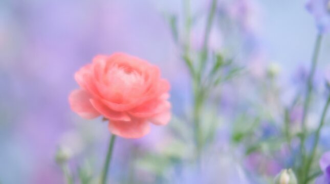 Single coral-pink flower intentionally out of focus against a lavender and pale blue background, dreamy botanical macro photography, soft pastel gradients, minimal composition, hazy edges, romantic