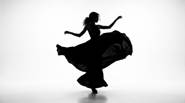 Silhouette of a woman spinning in a long flowing black dress against a bright white studio background, high-contrast fashion photography, dynamic fabric movement, graceful pose and elegant minimalist
