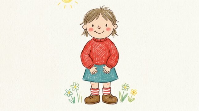 Childlike figure in a bright red sweater and blue-green skirt standing front-facing on white, na&iuml;ve hand-painted illustration with soft crayon texture, rosy face, simple proportions, warm cheerful