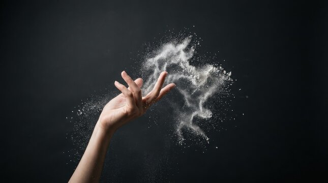 Hand releasing a burst of white powder or sparkling dust against a dark gray background, conceptual fine art photography, sculptural motion, high contrast, soft skin tones, dramatic particulate