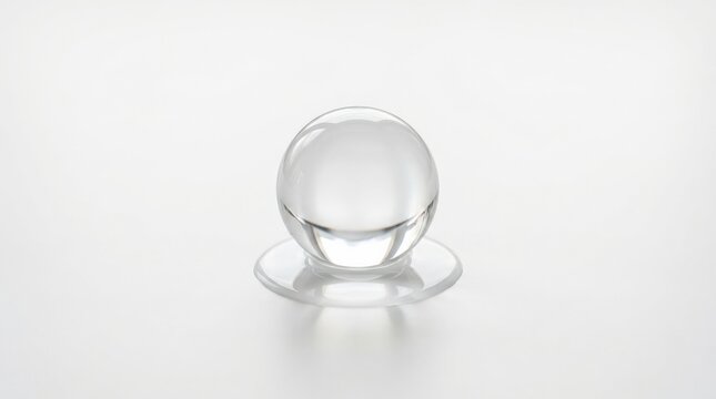 Clear crystal sphere resting on a white surface with a tiny reflective puddle beneath it, minimalist product photography, soft gray shadows, bright high-key studio light, transparent glass refraction,