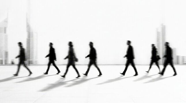 Blurred silhouettes of pedestrians walking across a bright white background, high-key black-and-white conceptual photography, elongated motion blur, anonymous figures in dynamic stride, strong