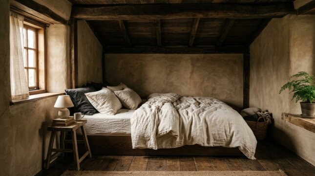 Low bed tucked into a warm shadowy alcove, rumpled cream linen, dark timber ceiling and textured beige walls, gentle side light, photorealistic Japandi bedroom with intimate cocooning atmosphere.