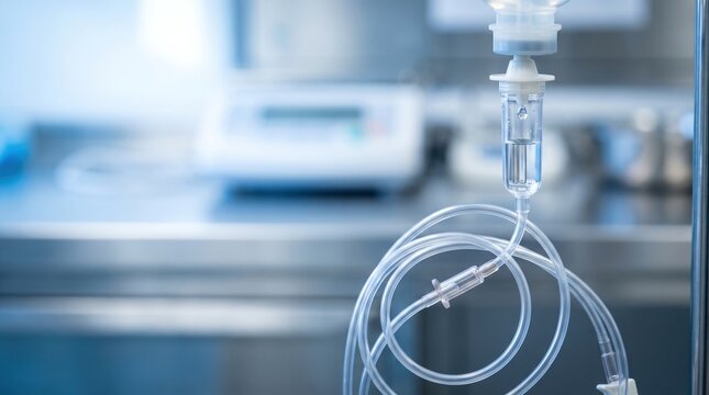 Intravenous drip chamber with saline solution hanging in bright clinic room setting provides critical hydration or medication delivery for hospital patients.