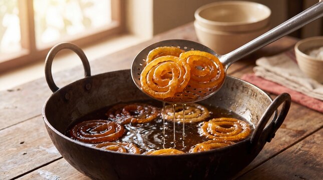 Lifting freshly fried hot jalebi from a traditional iron karahi ladle dripping sweet sugar syrup, generative AI