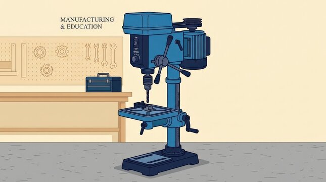 Blue industrial drill press shown front three-quarter view on a warm cream background, simplified technical vector illustration, dark navy accents, engineering workshop, manufacturing and vocational