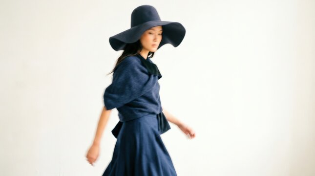 Fashion figure wearing a broad sculptural dark hat, intentionally blurred portrait against a nearly white background, muted navy clothing, soft peach skin tones, dreamlike motion softness, high-key