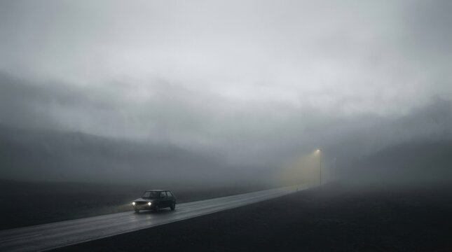 Tiny dark car traveling along a minimalist gray-white road in heavy fog with one distant lamp, cinematic conceptual photography, huge negative space, soft monochrome gradient, mysterious
