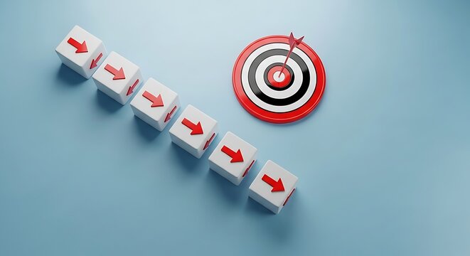 White dice with arrows pointing toward red target