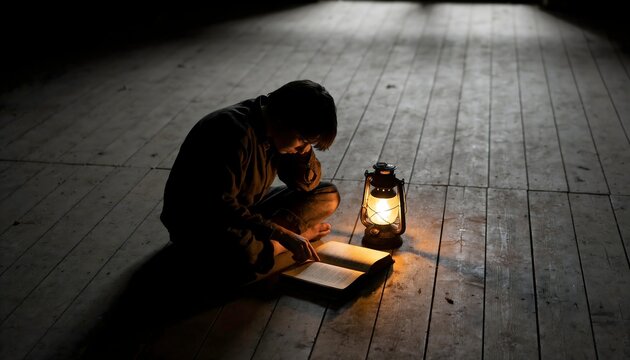 Young boy reading an old book by the warm glowing light of kerosene lamp