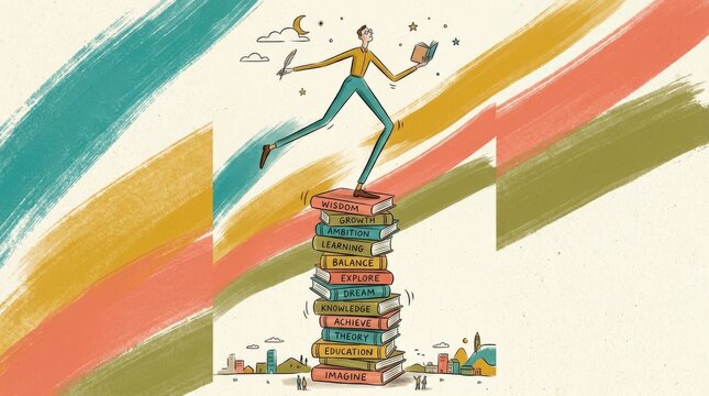 Extremely tall slender figure balancing on a precarious stack of books, conceptual editorial illustration, diagonal teal, mustard, coral and olive brush bands, cream paper texture, exaggerated scale,