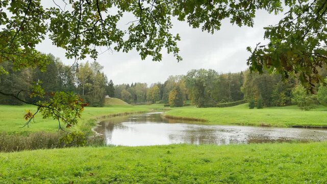 The Slavyanka River flows gently through green meadows in Pavlovsk Park, Saint Petersburg. Tree branches frame the scenic view. This peaceful sight brings a feeling of quiet joy.