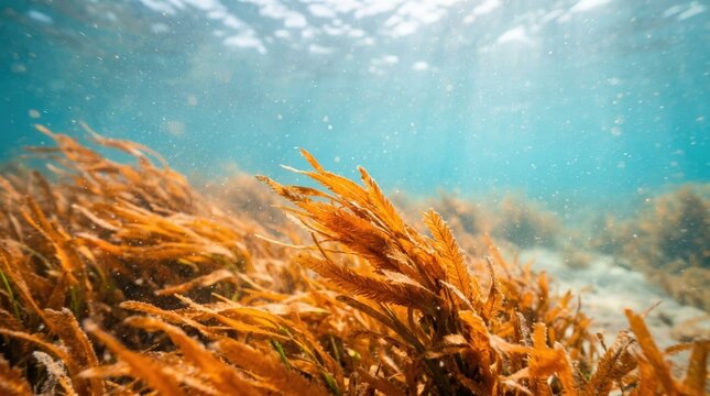 Orange sea grass or aquatic plants swaying underwater in turquoise-blue water, cinematic nature photography, shallow focus, soft particulate haze and dreamy environmental conservation aesthetic.