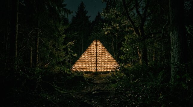 Pyramid of small glowing windows or light boxes hidden in a dark forest, surreal nighttime photography, deep green-black palette, soft luminous squares, mysterious installation atmosphere and