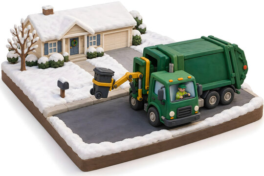 A green garbage truck uses a mechanical arm to lift a curbside bin outside a snowy suburban home.
