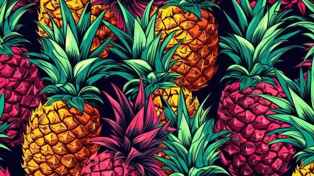 Vibrant Pop Art Pineapple Pattern with Bold Outlines