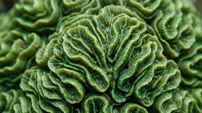Macro close-up of layered green coral or folded organic tissue forming dense rippling patterns, biomorphic photography, vivid moss and olive palette, soft natural light, highly tactile sustainability