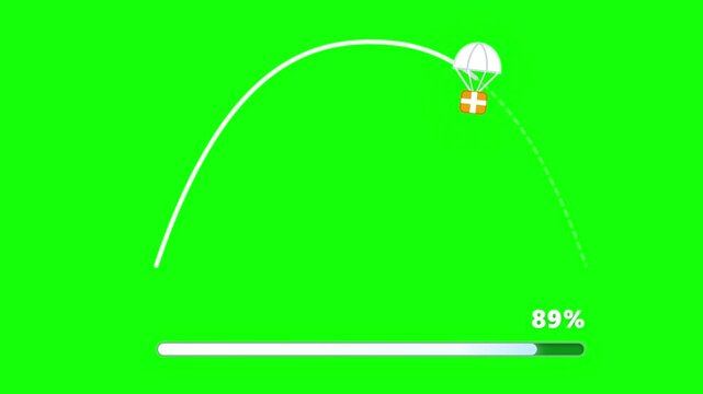 A simple loading animation video with a green background. It shows a loading sequence progressing to 100%, accompanied by an animation of a parachutist flying while carrying a box-shaped object