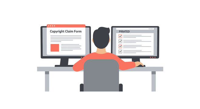 Man Filing Copyright Claim Form for Pirated Content Infringement Illustration