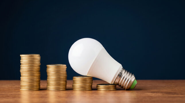Coins stacked decrease beside light bulb. Finance investment recession crisis. money budget saving expense, value reduction down decayed, risk loss
