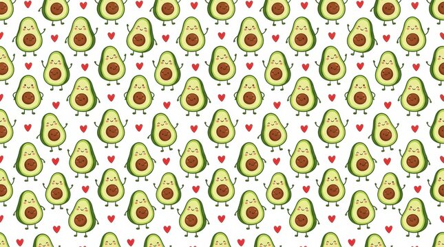 Cute avocado halves with tiny arms, legs and smiling faces repeated with miniature red hearts, seamless hand-drawn vector pattern, fresh green, pale cream and brown palette on white, cheerful