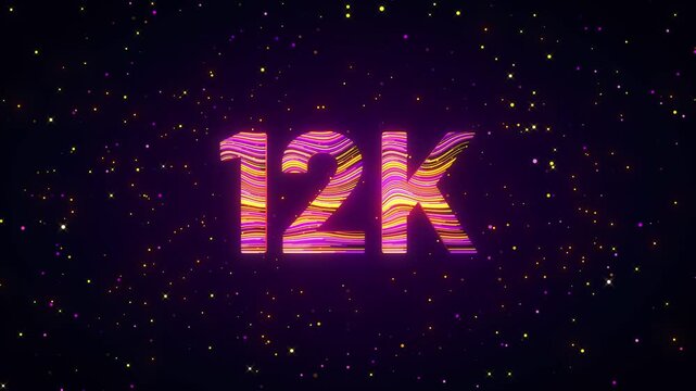 Dynamic 3D animation of a rotating 12K number with flowing purple, yellow, and magenta light trails, glowing particles, and cosmic sparkles creating a futuristic digital achievement scene.