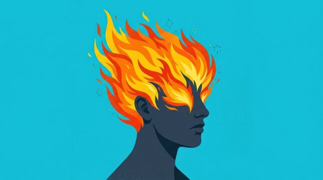 Stylized illustrated head with vivid flames replacing the hair and upper face, flat editorial vector art, cyan background, saturated yellow, orange and red fire, clean silhouette, burnout, stress,