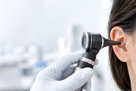 Examining ear with otoscope closeup