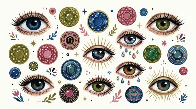 Collection of hand-painted eyes and jewel-like circular motifs arranged on white, colorful illustration set, olive, pink, blue and black details, surreal beauty, observation and decorative iconography
