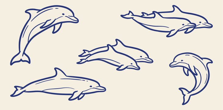 Set of hand drawn blue doodle dolphins swimming and jumping vector illustrations on cream background