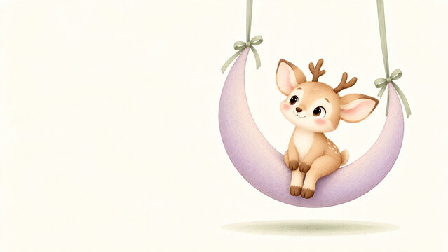 Little Deer Riding a Crescent Moon Swing &mdash; Minimal Pastel Children's Cartoon