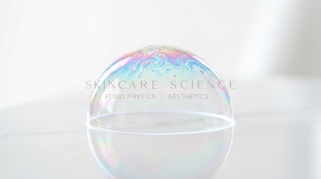 Iridescent soap-bubble dome resting on a clean white surface, minimalist macro photography, translucent cyan, pink and violet spectral highlights, high-key light, delicate glossy edge, skincare