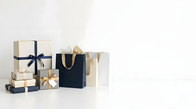 Minimalist collection of navy and cream shopping bags with elegant gift boxes on surface.