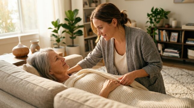 Woman leaning over a reclining person in a calm interior, lifestyle wellness photography, soft warm light, intimate caregiving atmosphere and gentle human connection concept.