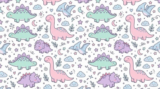 Small pastel dinosaur characters wandering among stars and simple doodles, seamless kawaii vector pattern on white, mint, lavender, pink and powder-blue palette, gentle hand-drawn outlines, playful