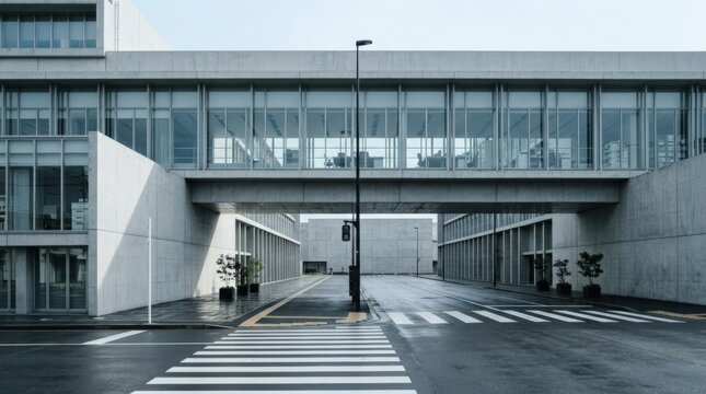Tiny pedestrian crossing beneath a long glass-and-concrete modernist building, minimalist architectural photography, pale blue-gray palette, strong horizontal lines, graphic shadows, clean urban scale