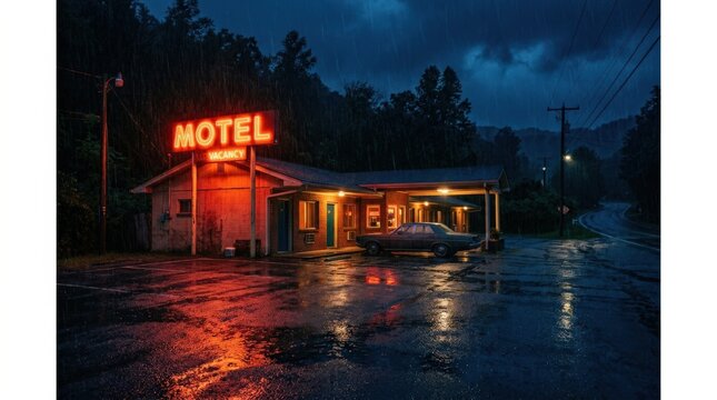 Small roadside motel glowing red-orange in a rainy night landscape, cinematic architecture photography, wet asphalt reflections, deep blue shadows and nostalgic isolated-travel atmosphere without