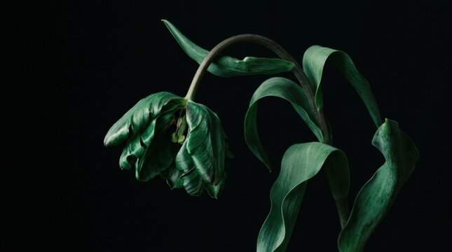 Single drooping green tulip-like flower against deep black, fine-art botanical photography, sculptural leaves, subtle glossy highlights, rich emerald palette, dramatic low-key lighting, elegant