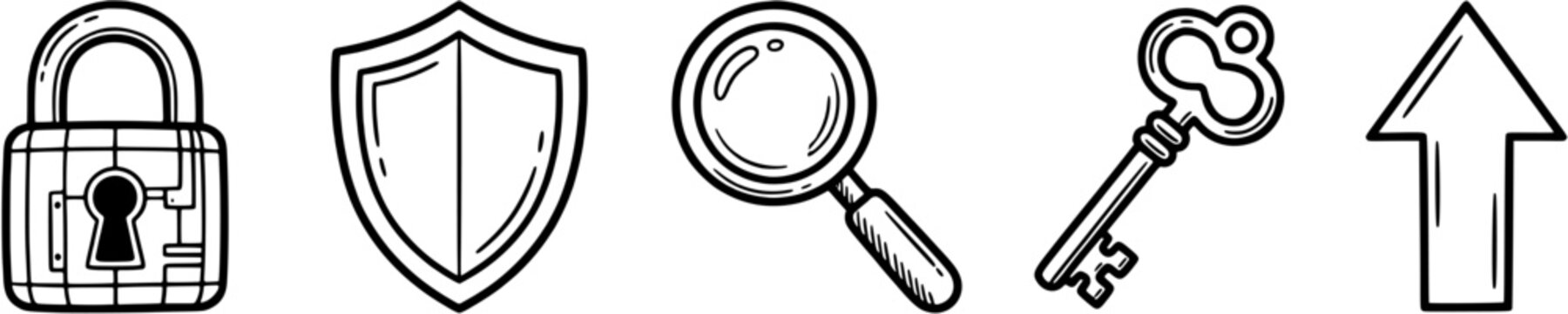 Security and navigation icon set in a doodle outline style including padlock, shield, magnifying glass, key and arrow symbols.