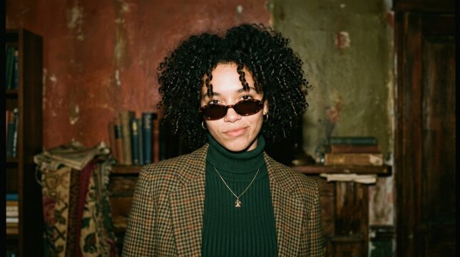 Curly-haired young person in a dark green turtleneck and small sunglasses, retro editorial portrait photography, muted rust and green background, direct flash, grainy film finish, quirky intellectual