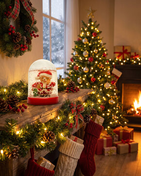Festive fireplace decor with snow globe at night