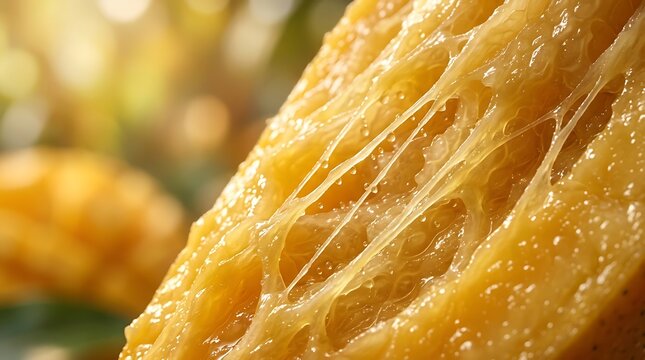 Macro shot of citrus fruit pulp with glistening juice sacs.