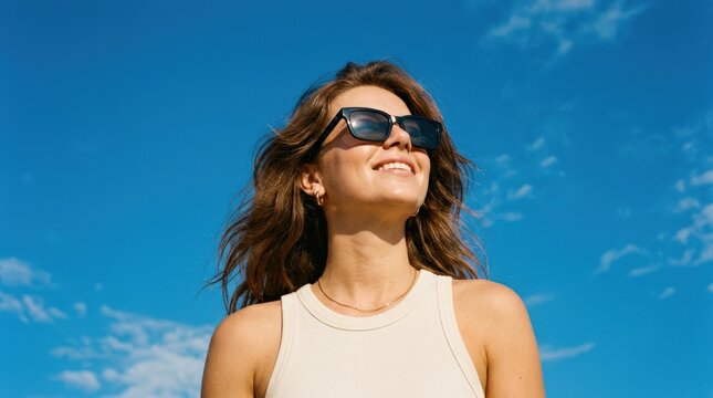 Young woman photographed from below with black sunglasses and vivid blue sky filling the frame, minimalist beauty photography, warm highlights, relaxed expression and polished commercial summer