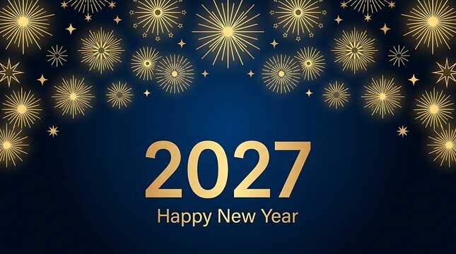 Happy new year 2027 with golden fireworks and stars on a dark blue background