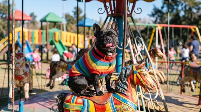 Black French bulldog wearing vibrant rainbow sweater sitting proudly on a colorful carousel horse in a playground
