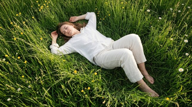Young woman lying peacefully in tall vivid green grass, overhead lifestyle photography, white clothing, soft natural light, wellness, relaxation and nature-connection concept.