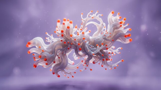 Organic translucent coral-like sculpture floating on lavender background, surreal 3D render, milky white lobes tipped with bright orange-red nodes, soft subsurface scattering and futuristic biomorphic