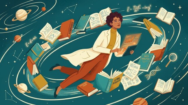 White-coated professional surrounded by colorful books in orbit, editorial illustration, teal background, elongated figure, cream, orange and mustard accents and research, teaching or academic