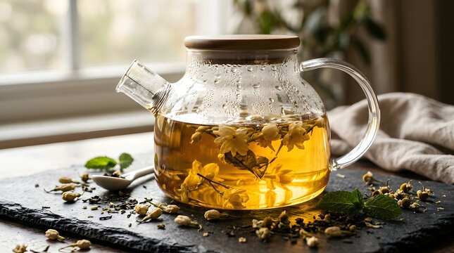 Glass teapot filled with floral jasmine tea and fresh buds sitting on black stone surface.